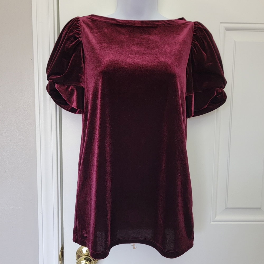 Lauren Ralph Lauren Burgandy Wine Velvet Puff Sleeve Blouse Top Party Holiday XS